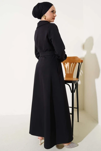 Kruvaze Yaka Yan Bağlamalı Kap Siyah - 3