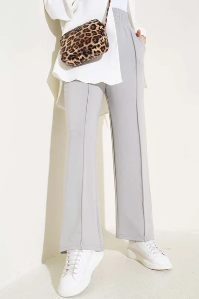 Geniş Bel Lastikli Çımalı Pantolon Gri ürün görseli 1