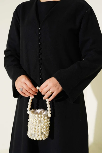 Önü Mini Düğmeli Elbise İkili Takım Siyah - Resim 4