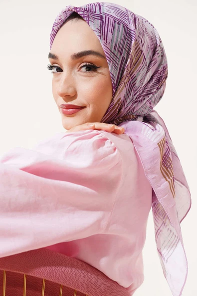 Asimetrik Çizgili Bambu Eşarp Pembe - 2