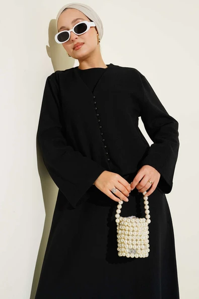 Önü Mini Düğmeli Elbise İkili Takım Siyah - Resim 2