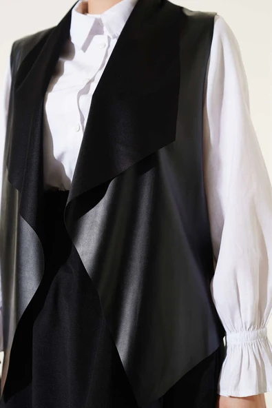 Deri Kısa Yelek Siyah - Resim 4