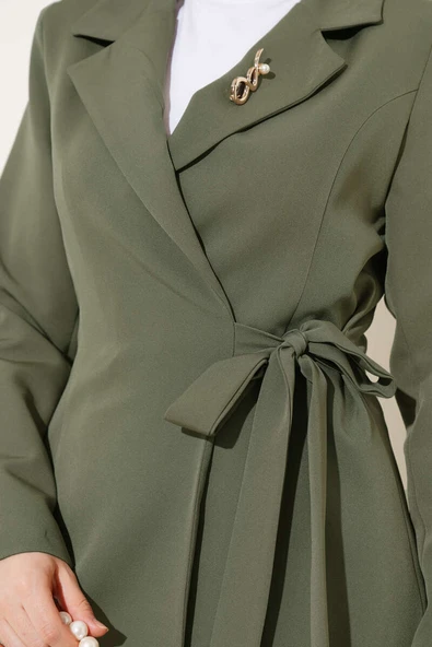 Yanı Bağlamalı Ceketli İkili Takım Haki - Resim 4