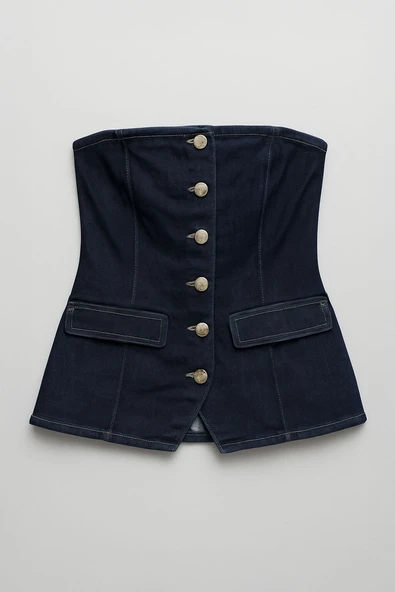 Blue White Kadın Denim Büstiyer - Resim 7