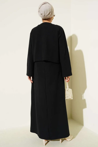 Önü Mini Düğmeli Elbise İkili Takım Siyah - Resim 3