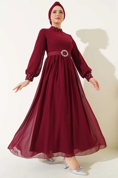 Taş Detaylı Kemerli Şifon Elbise Bordo ürün görseli 1
