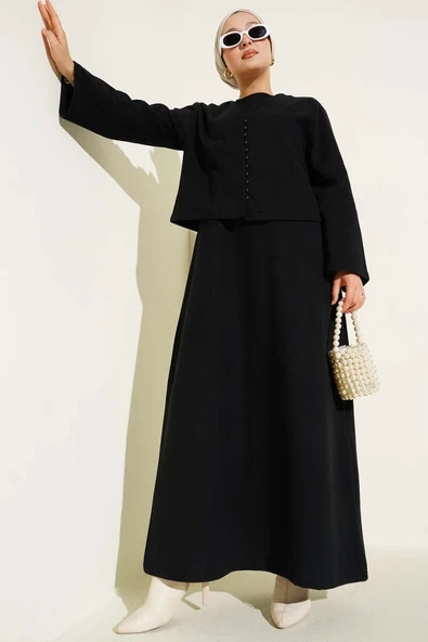 Önü Mini Düğmeli Elbise İkili Takım Siyah ürün görseli 1