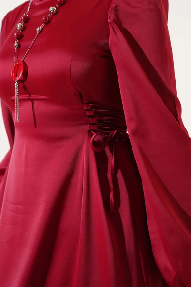 Yanları İp Bağcıklı Saten Elbise Bordo - Resim 4