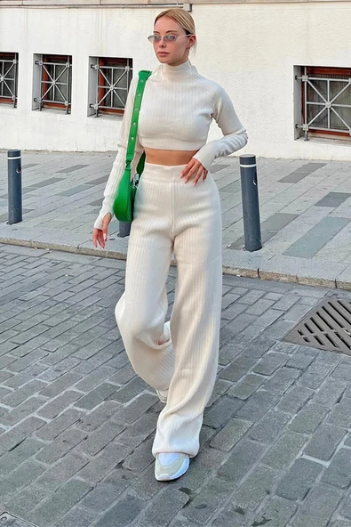 enc co Yarım Balıkçı Örgü Crop Kazak Pantolon