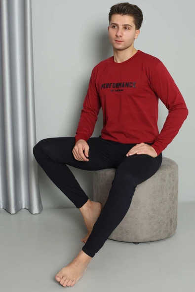 Önü Baskılı Paça Lastikli Erkek Pijama Takım Bordo ürün görseli 1