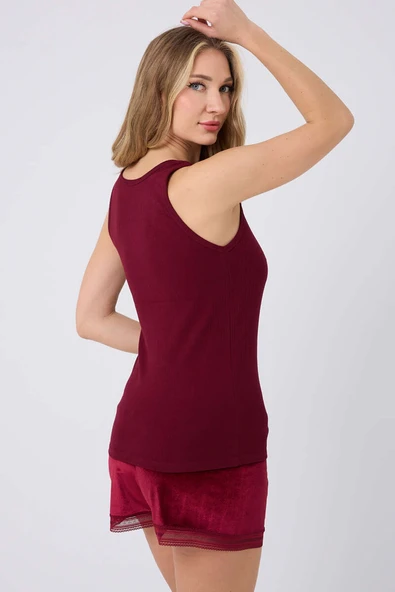 Kadife Şortlu Pijama Takımı Bordo - Resim 2