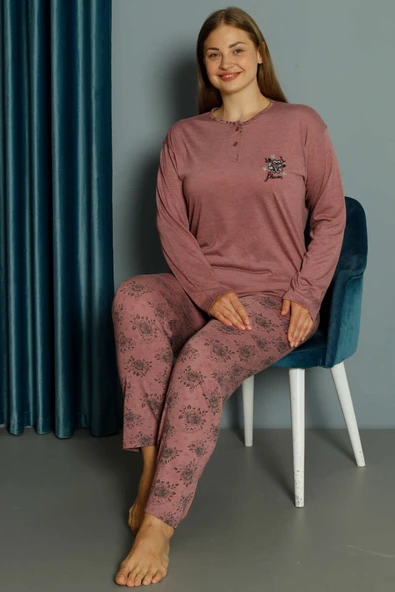 Gül Desen Viskon Büyük Beden Pijama Takımı Gül Kurusu