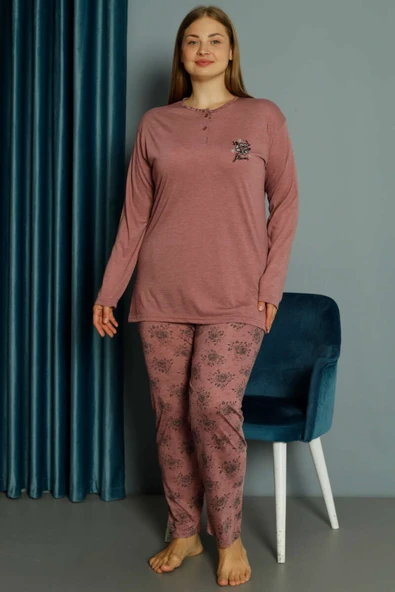 Gül Desen Viskon Büyük Beden Pijama Takımı Gül Kurusu - Resim 2