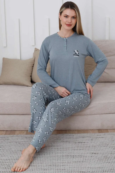 Yaka Çiçek Nakışlı Pijama Takımı Mint ürün görseli