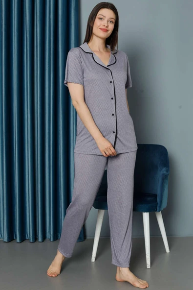 Mini Puantiyeli Kısa Kol Pijama Takımı Lila - Resim 2