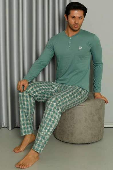 Uzun Kollu Düğmeli Ekoseli Erkek Pijama Takım Mint ürün görseli 1