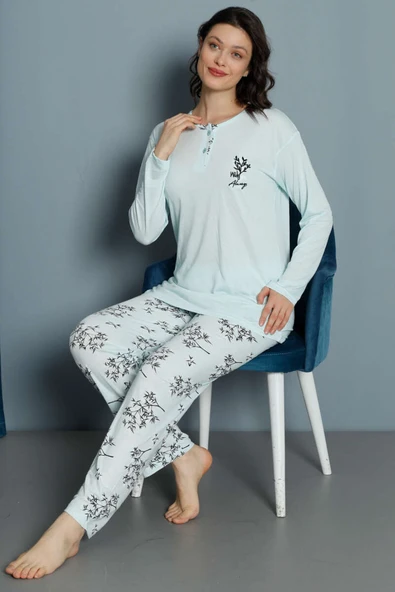 Yaprak Desen Viskon Pijama Takımı Mint ürün görseli