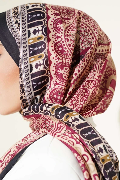 Vintage Motifli Şal Bordo Bej - 4