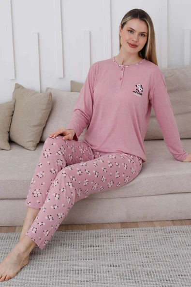 Yaka Çiçek Nakışlı Pijama Takımı Gül Kurusu