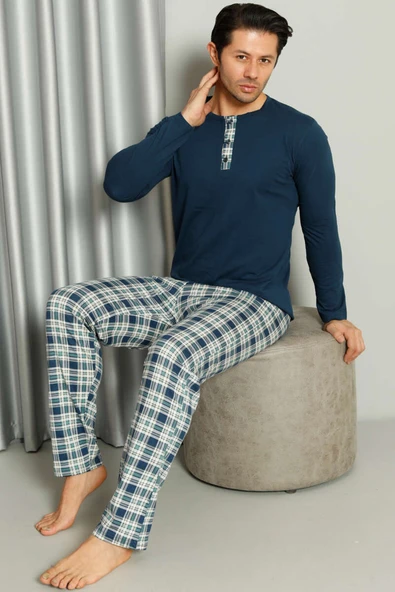 Yaka Düğmeli Ekoseli Erkek Pijama Takımı İndigo - Resim 2