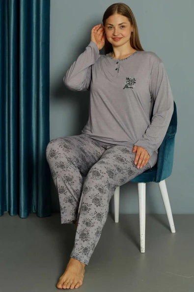Gül Desen Viskon Büyük Beden Pijama Takımı Lila - 2