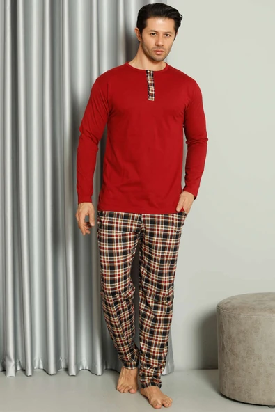 Yaka Düğmeli Ekoseli Erkek Pijama Takımı Bordo - Resim 2