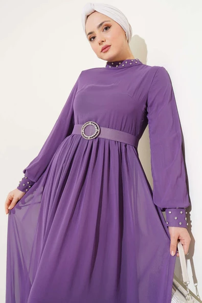 Taş Detaylı Kemerli Şifon Elbise Lila - Resim 2