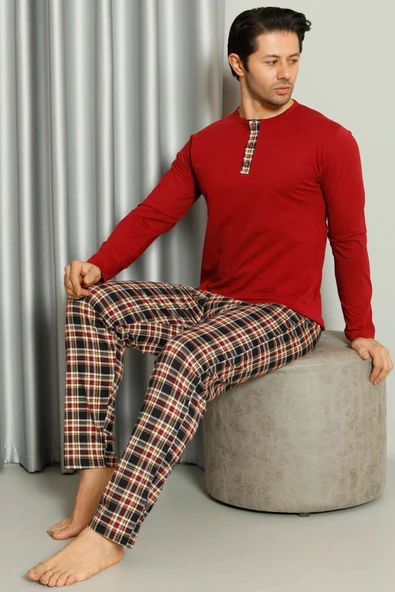 Yaka Düğmeli Ekoseli Erkek Pijama Takımı Bordo ürün görseli 1