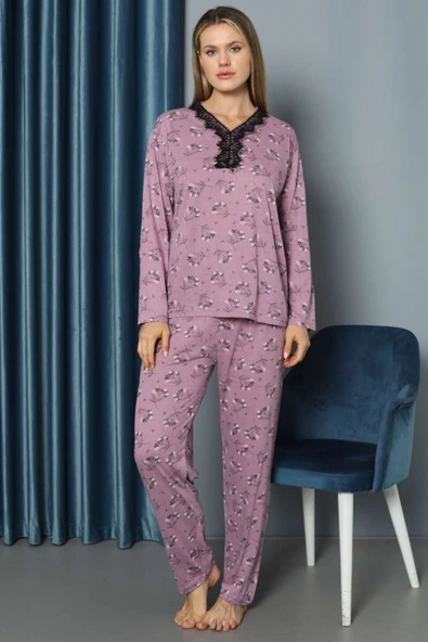V Yaka Desenli Dantelli Pijama Takımı Magenta - Resim 2
