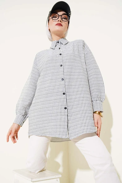 Çizgili Gofre Gömlek Siyah