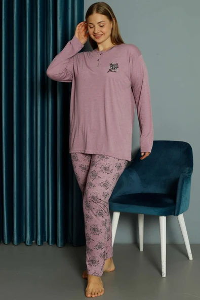 Gül Desen Viskon Büyük Beden Pijama Takımı Magenta - Resim 2