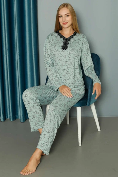 Yakası V Dantelli Desenli Viskon Pijama Takımı Mint - Resim 2