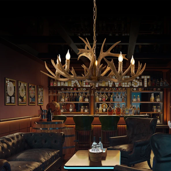 Apliqa Zoye Ahşap 5'li Geyik Boynuzu Desenli Modern Kafe Restoran. Salon Avize ürün görseli