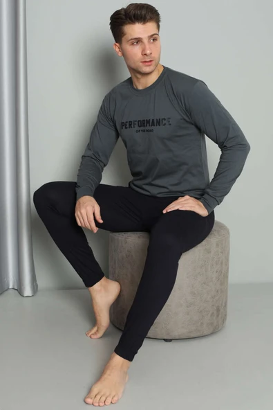 Önü Baskılı Paça Lastikli Erkek Pijama Takım Füme ürün görseli 1