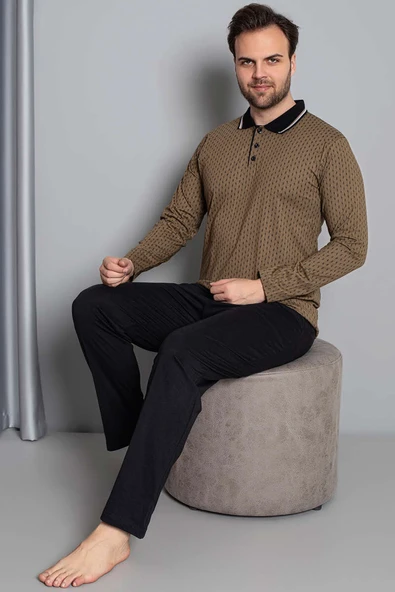 Gömlek Yaka Uzun Kol Erkek Pijama Takım Camel - Resim 2