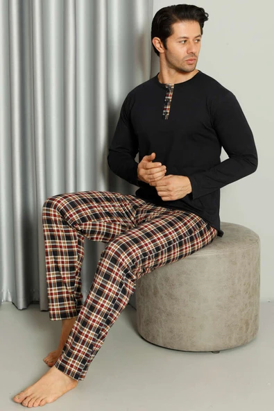 Yaka Düğmeli Ekoseli Erkek Pijama Takımı Lacivert ürün görseli 1