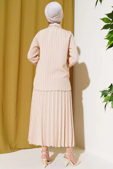 Önü Bağlamalı Çizgili Etekli Takım Bej - Resim 3