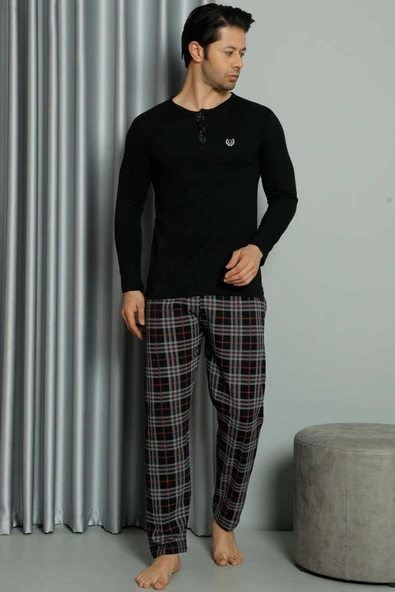 Düğmeli Ekoseli Uzun Kol Erkek Pijama Takım Siyah