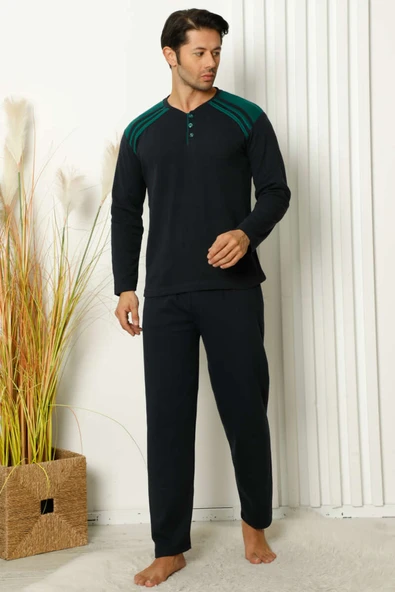 Omuz Şeritli Düğmeli Erkek Pijama Takımı Lacivert Yeşil