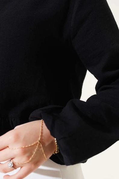 Fırfırlı Keten Bluz Siyah - Resim 4