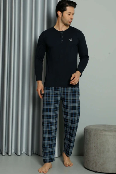Düğmeli Ekoseli Uzun Kol Erkek Pijama Takım Lacivert - 2