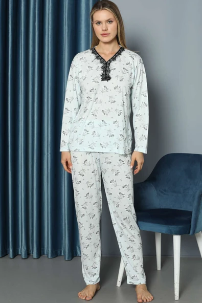V Yaka Desenli Dantelli Pijama Takımı Mint ürün görseli 1