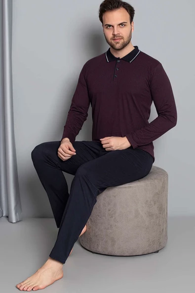 Gömlek Yaka Uzun Kol Erkek Pijama Takım Bordo - Resim 2