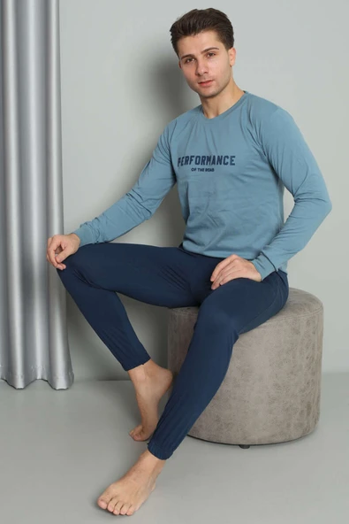 Önü Baskılı Paça Lastikli Erkek Pijama Takım Mavi - 1