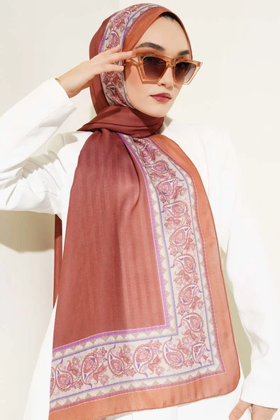 Şeritli Paisley Desen Şal Kiremit