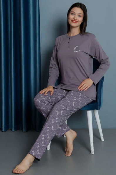 Yakası Çiçek Nakışlı Kadın Pijama Takım Lila