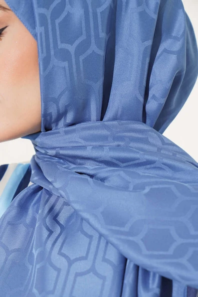 Geometrik Motifli Jakar Şal İndigo - Resim 4