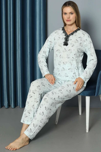 V Yaka Desenli Dantelli Pijama Takımı Mint - Resim 2