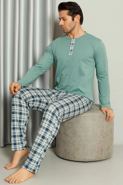 Yaka Düğmeli Ekoseli Erkek Pijama Takımı Mint ürün görseli 1