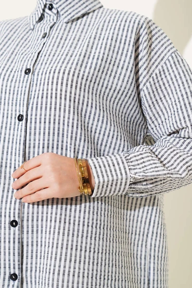 Çizgili Gofre Gömlek Siyah - 4